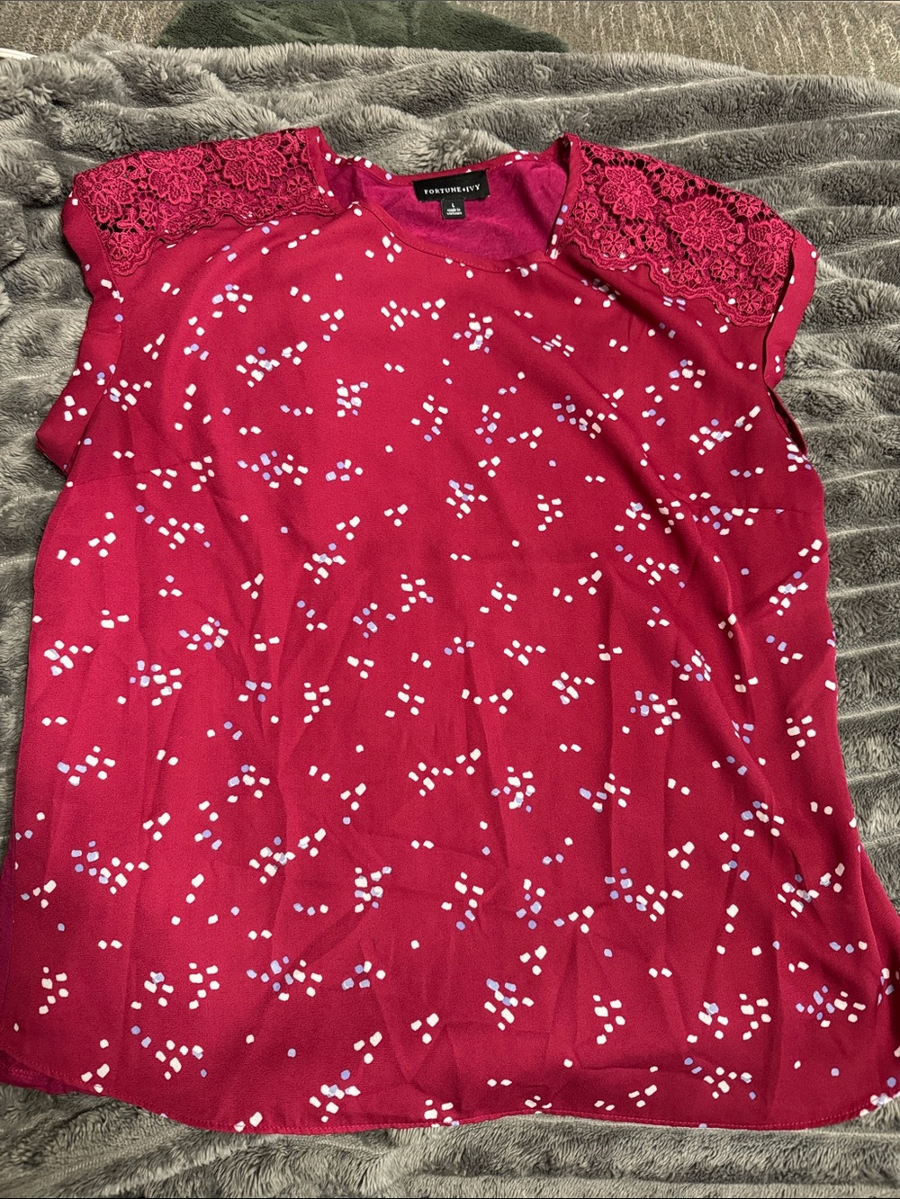 Forever 21 Fuchsia Dot Print Lace Shoulder Blouse